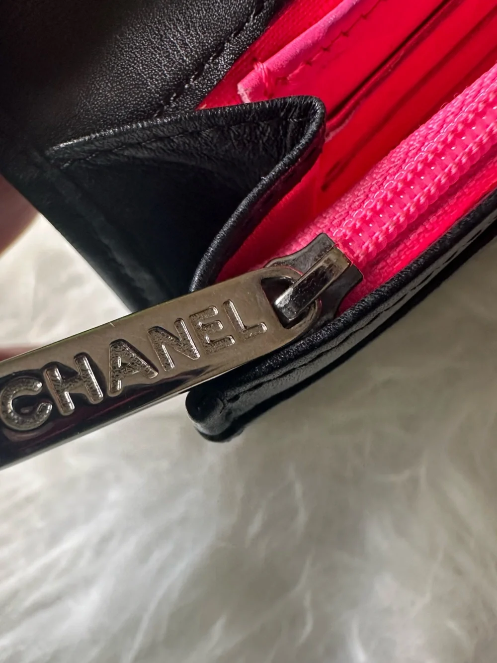 CHANEL Cambon Ligne Black Lambskin Long Wallet White CC Pink Interior